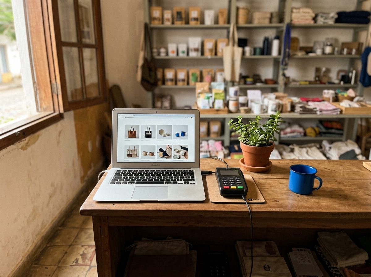 Balcão de uma loja com um notebook aberto mostrando um site com fotos de produtos