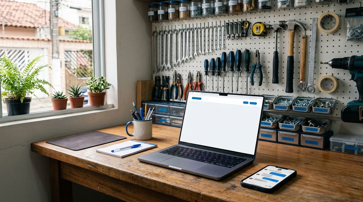 Bancada de oficina com notebook aberto, celular com conversa e ferramentas penduradas na parede