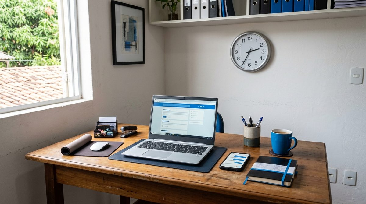 Mesa de trabalho de madeira com notebook aberto, celular, caderno e caneca azul, perto de uma janela