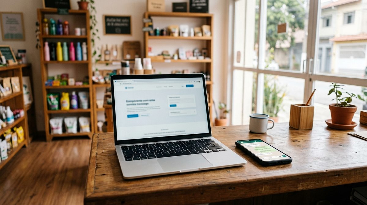 Balcão de madeira em uma loja, com um notebook aberto mostrando uma página simples e um celular com uma conversa ao lado