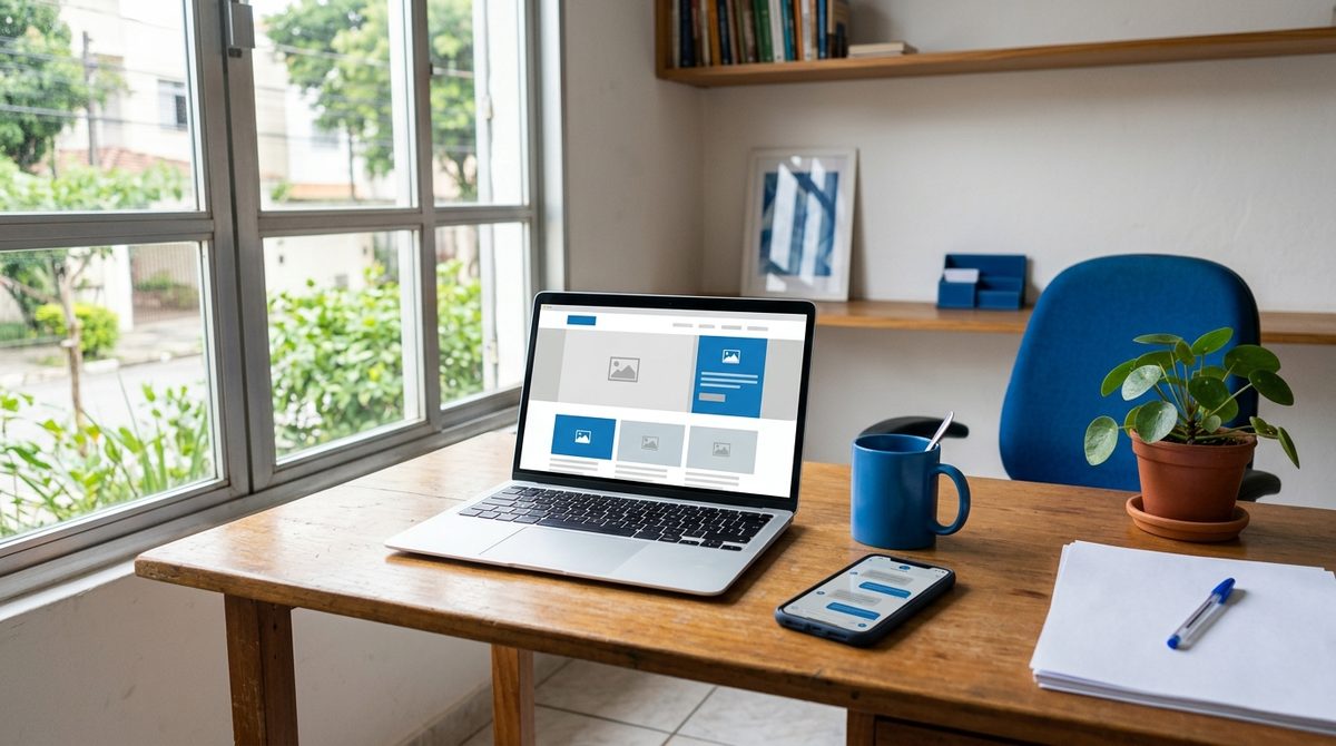 Mesa de trabalho de escritório pequeno com notebook aberto mostrando um site simples, celular, caneca azul e planta perto da janela